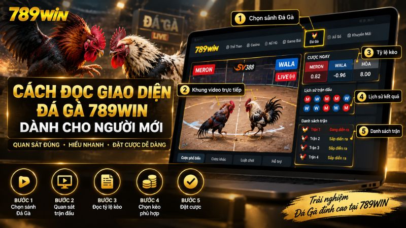 Cách đọc giao diện đá gà 789WIN cho người mới với khu vực video trực tiếp, tỷ lệ kèo và lịch sử trận đấu.